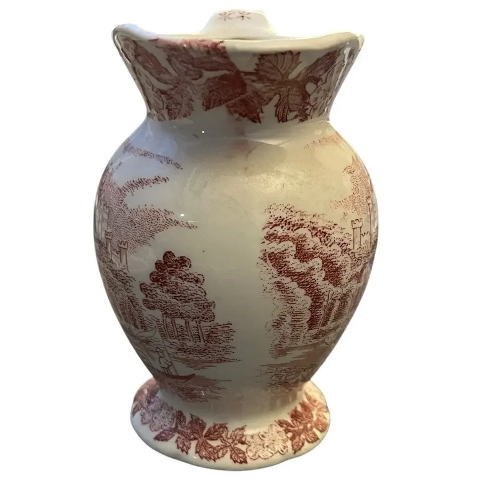 English Red Transferware Mini Pitcher with Saucer Scenic Castle Set England Home